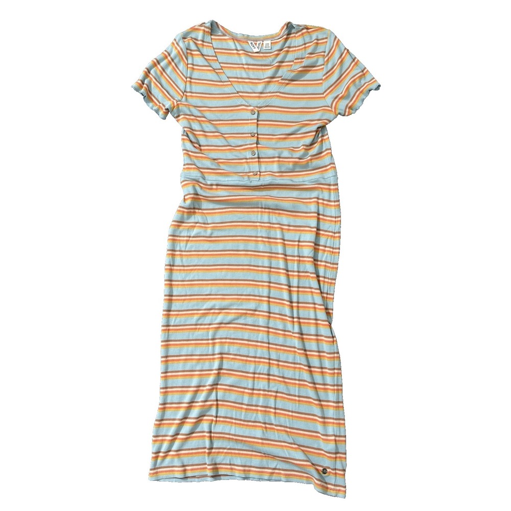 Roxy Maxi Dress Y2K Juniors XL Striped Dress Style Buttoned Midi Ribbed V Neck